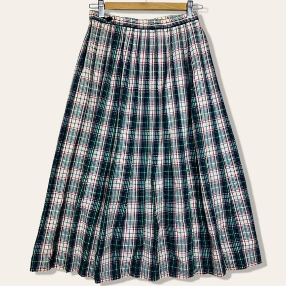 Pendleton 70s Tetured Seersucker Cotton Plaid Pleated Academia Midi Skirt 14